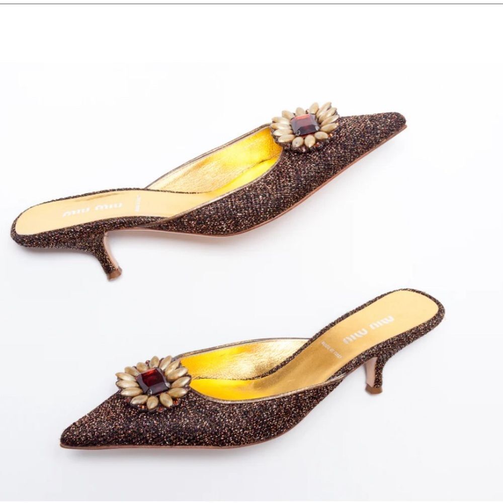 MIU MIU Embellished Woven Metallic Mules – Vintage Designer Heels Size 38.5